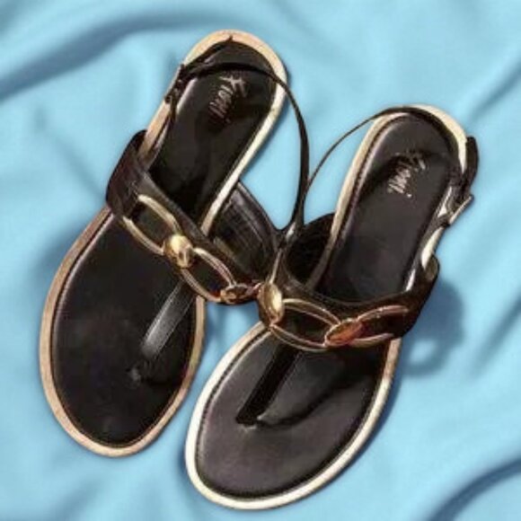 Fiona Black & Gold Thong Sandals ~10M - Picture 1 of 8